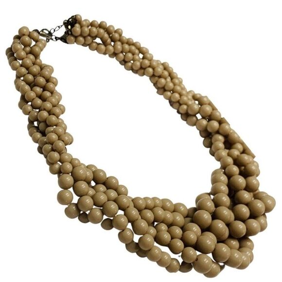 Vintage Tan Beige Beaded Multi Strand Braided Trendy Statement Necklace - Picture 3 of 7